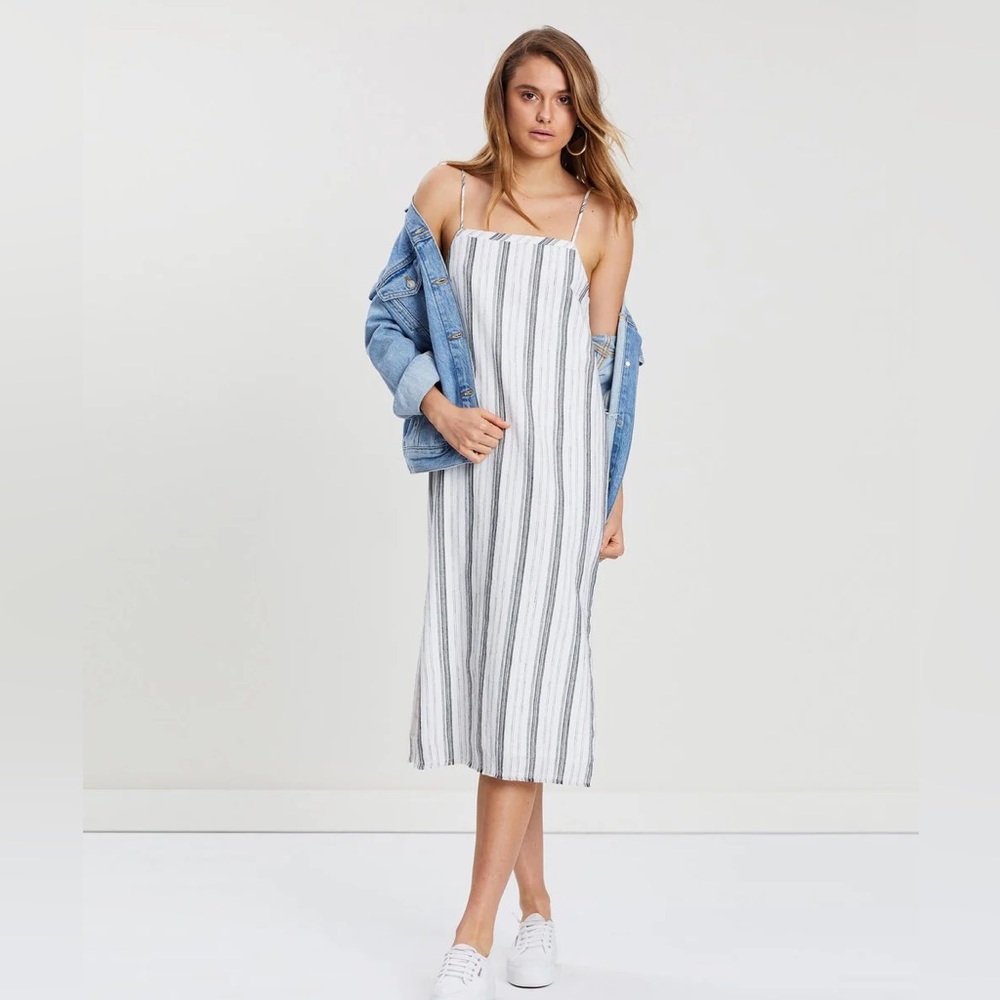 Nude Lucy Brooke Linen Stripe Dress MIDI White Navy Size M Summer Casual 12 - Picture 1 of 5